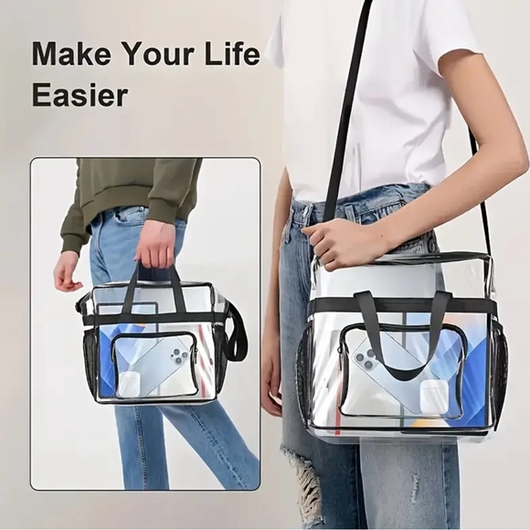 LARGE CLEAR TRANSPARENT TOTE WITH ADJUSTABLE STRAP HANDBAG-STADIUM APPROVED-NEW - Picture 6 of 6